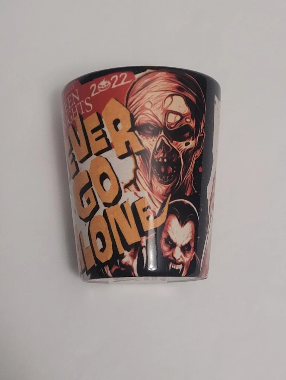 Halloween Horror Nights 2022 Never Go Alone Shot Glass HHN 31 Michael Myers